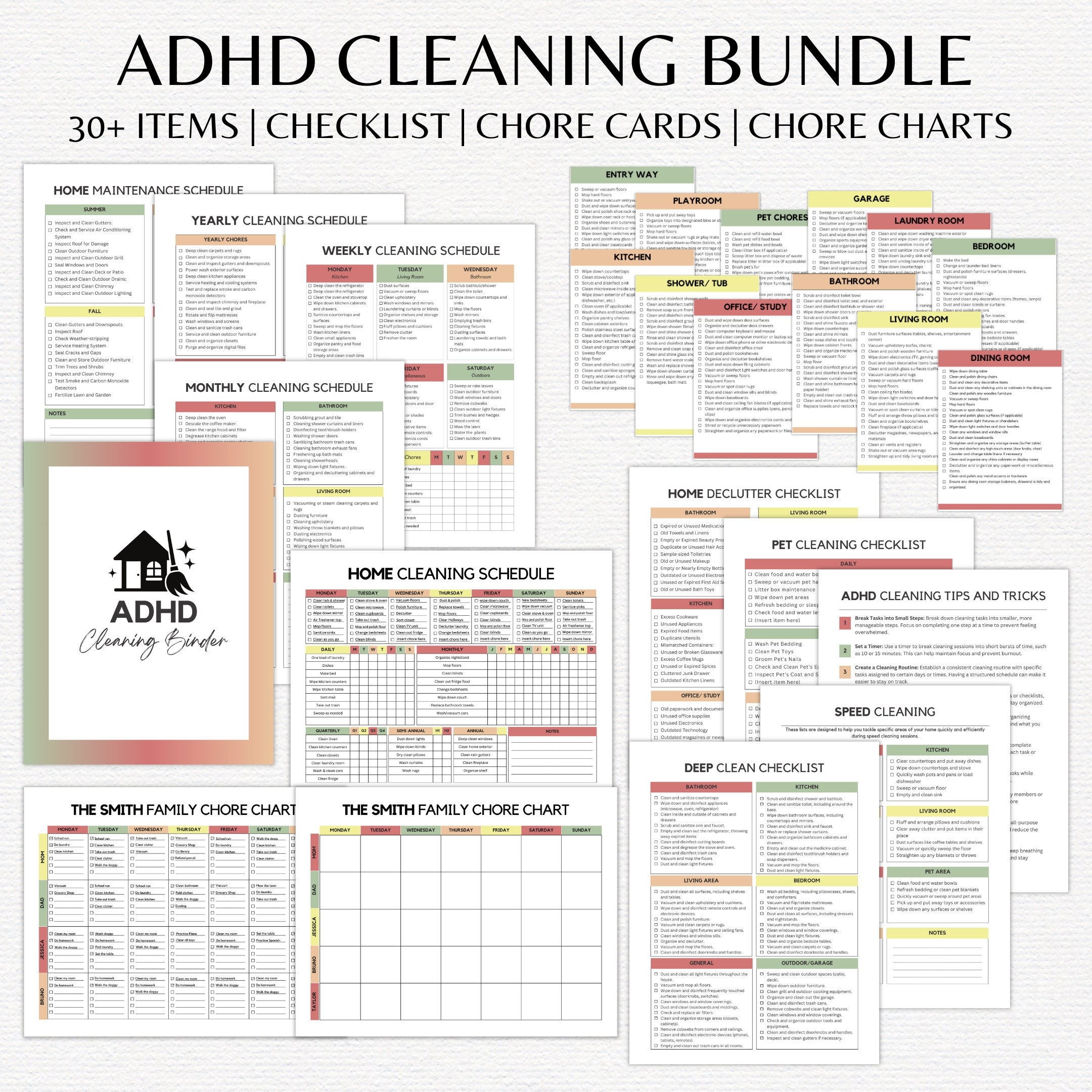 Editable ADHD Cleaning Checklist Bundle Printable ADHD Cleaning Planner ADHD Chore Chart Cleaning Schedule Deep Cleaning Checklist Etsy
