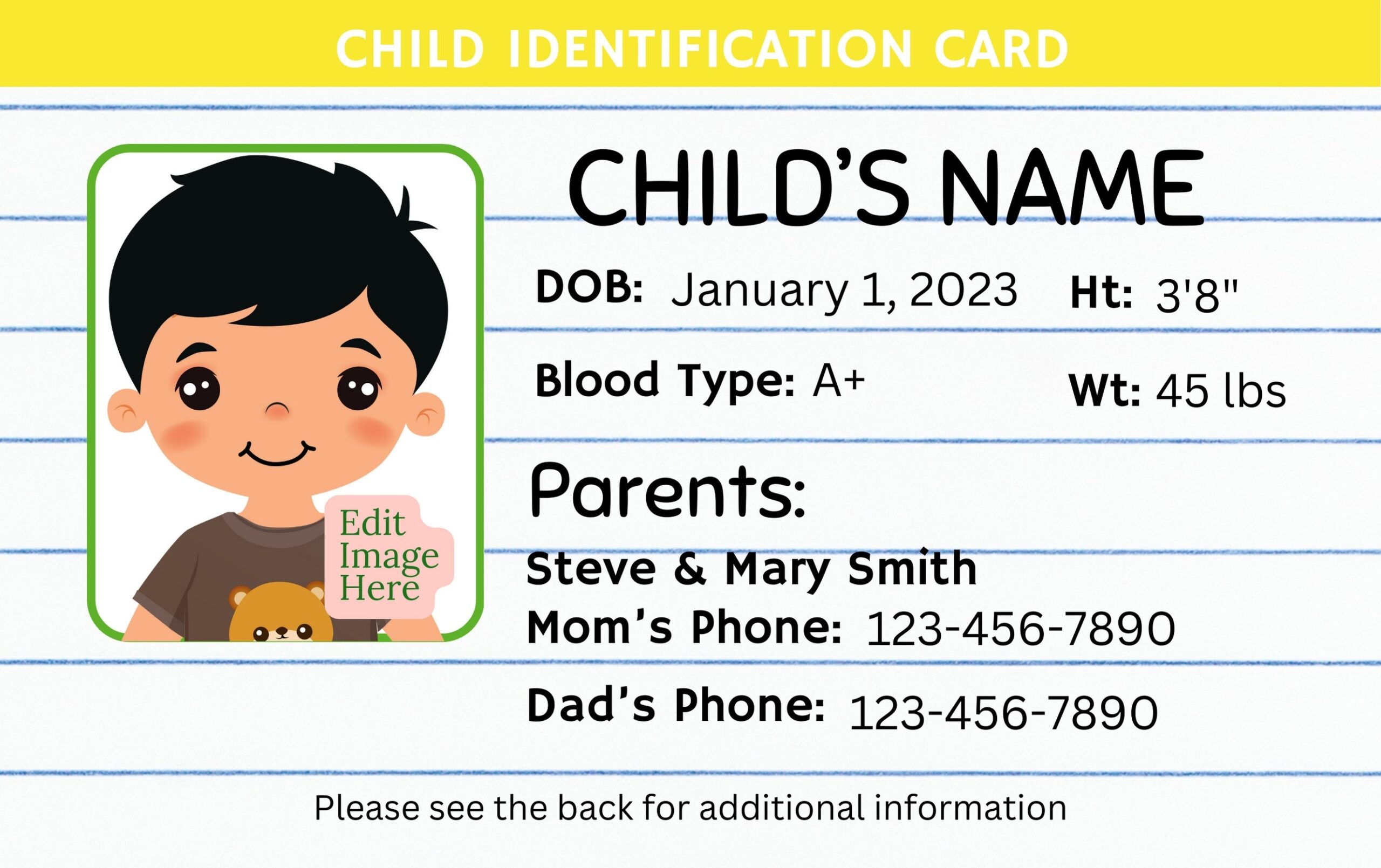 Editable Child ID Card Canva Template Custom Kid ID Card Printable Child Badge With Photo Back To School ID Card Lined Paper Etsy New Zealand