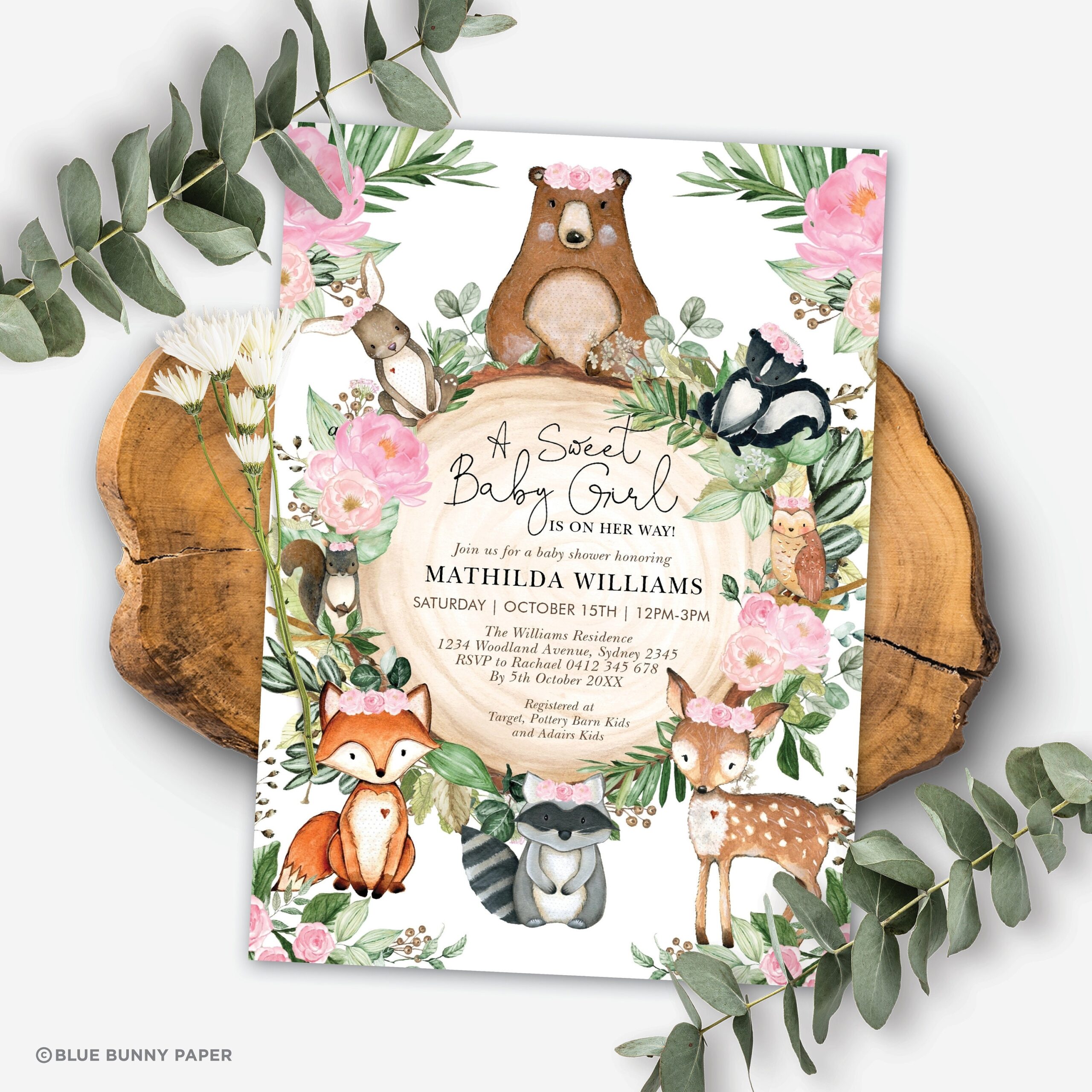 Editable Girl Woodland Baby Shower Invitation Pink Floral Forest Animals Sweet Baby Girl Printable Invite Corjl Template Download WOOD25 Etsy