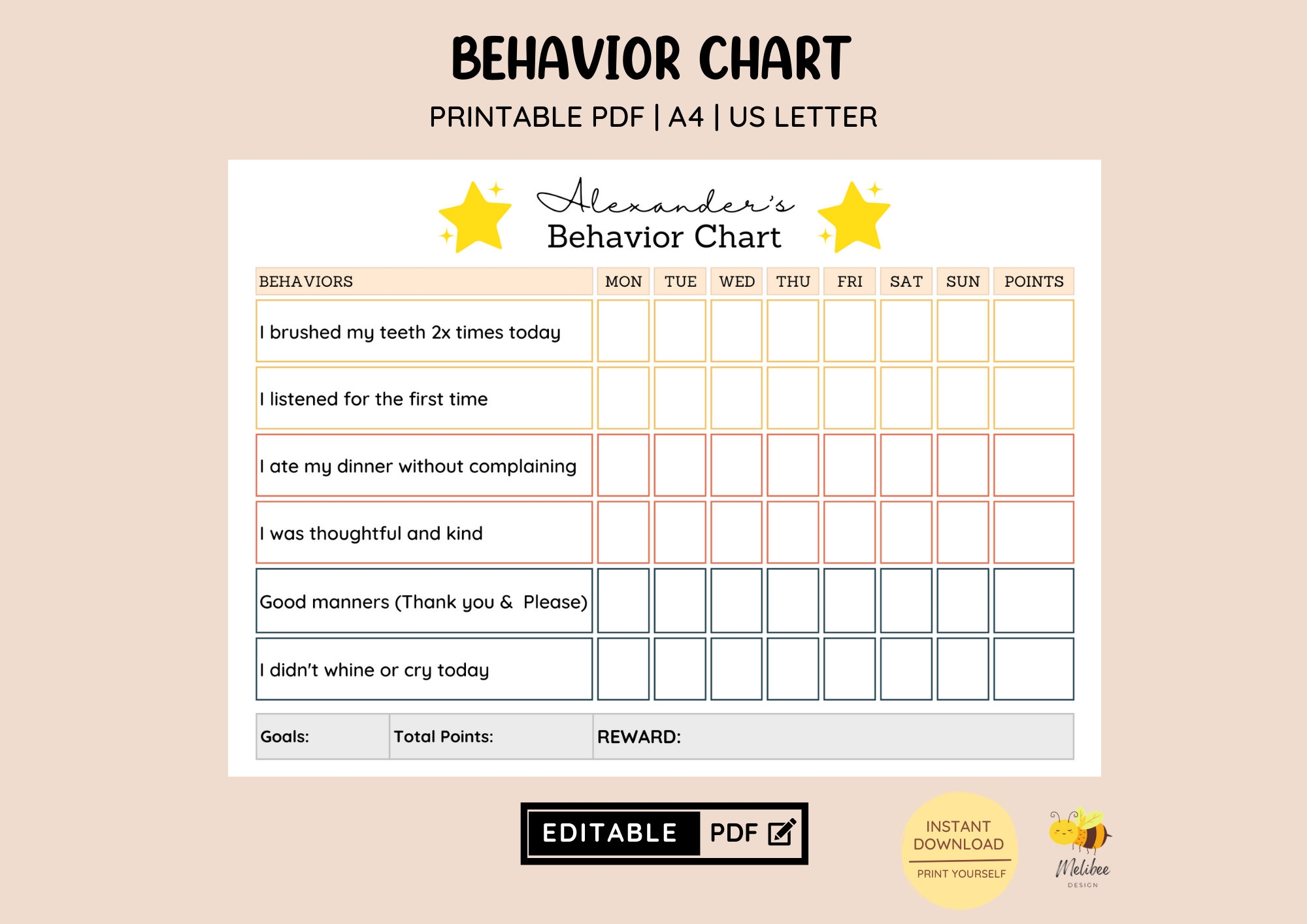 EDITABLE Kid s Behavior Chart Printable Points Reward Chart Sticker Chart Behavior Management Toddler Behavior PDF Template Etsy