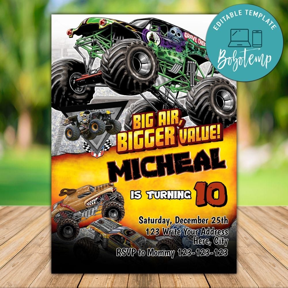 Editable Monster Truck Birthday Invitation Instant Download Bobotemp
