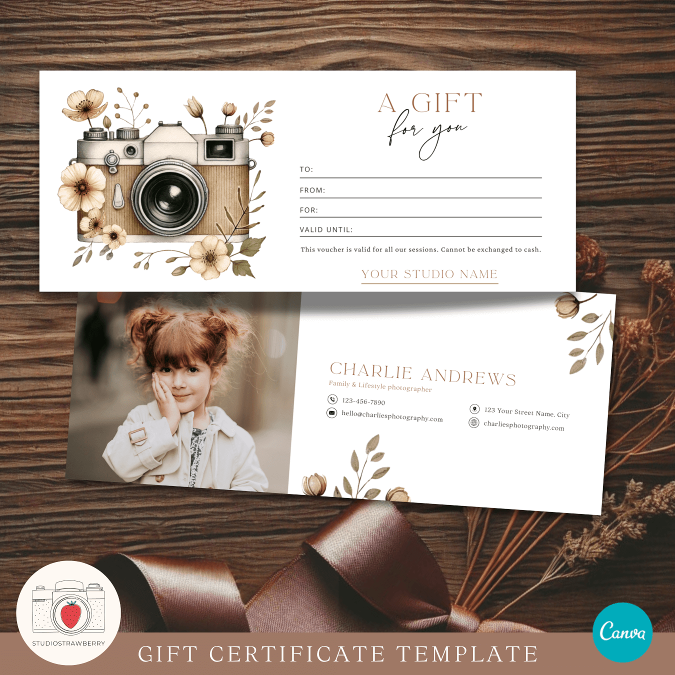 Editable Photography Gift Certificate Template With Watercolor Camera Strawberry Kit