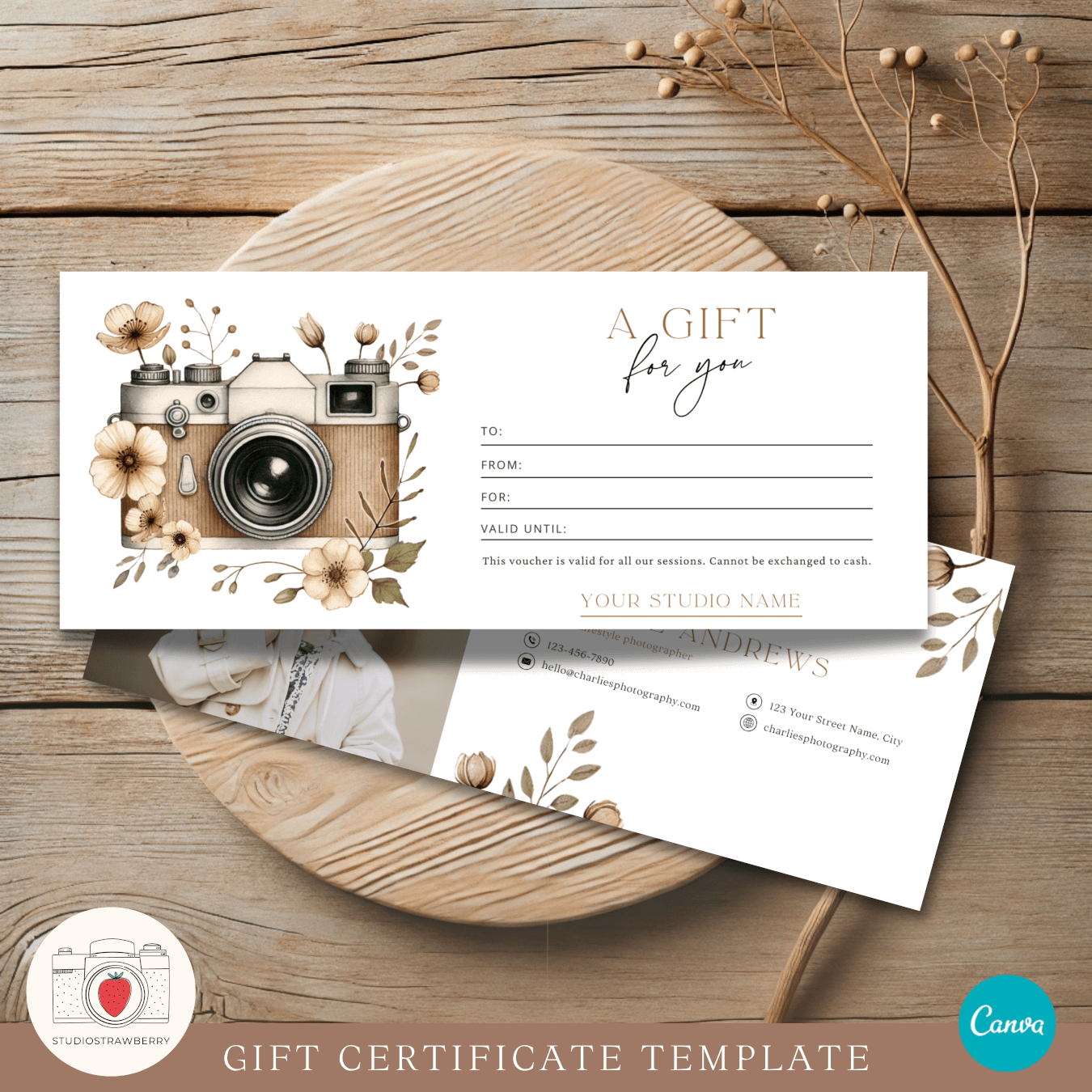 Editable Photography Gift Certificate Template With Watercolor Camera Strawberry Kit