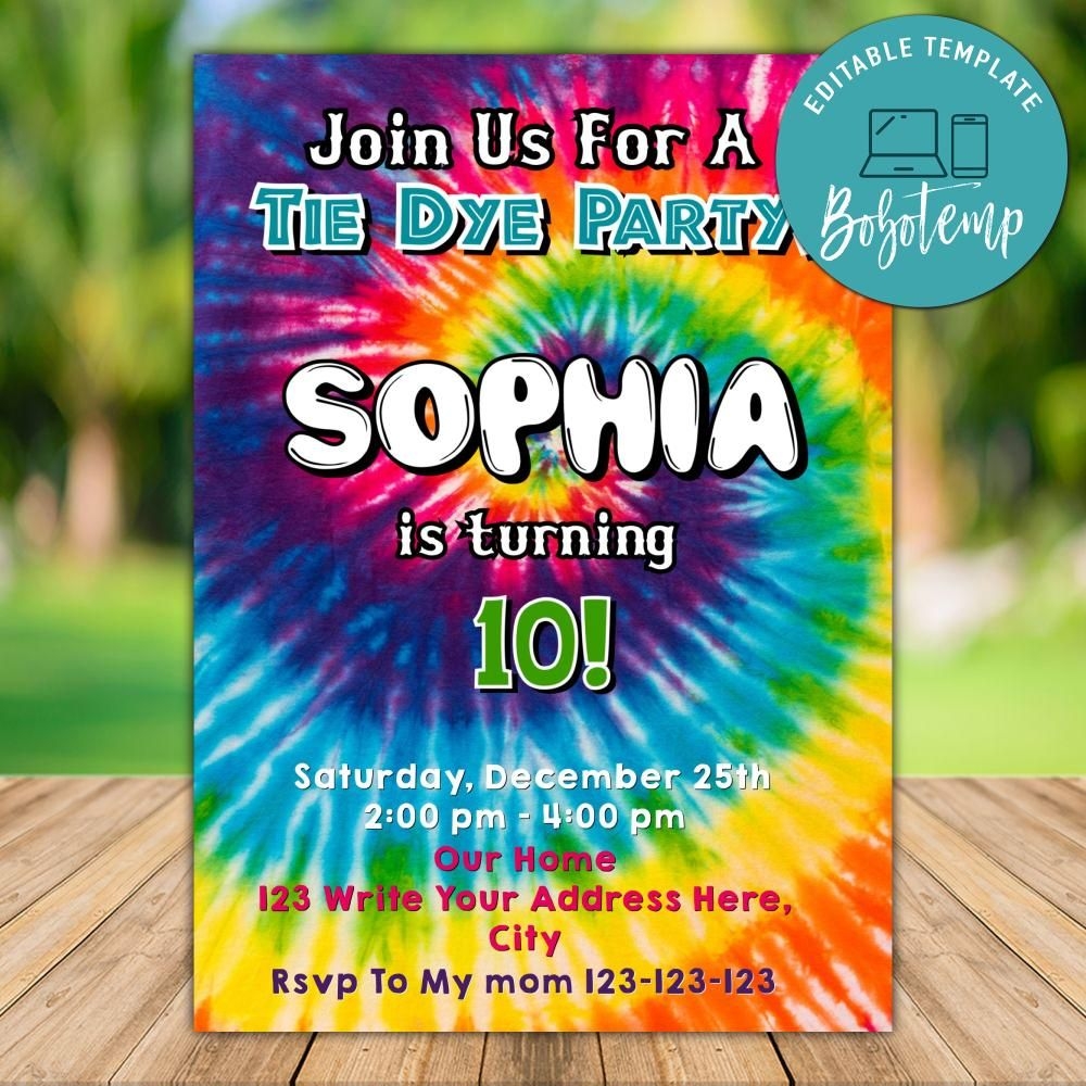 Editable Tie Dye Sleepover Birthday Invitation Instant Download Bobotemp