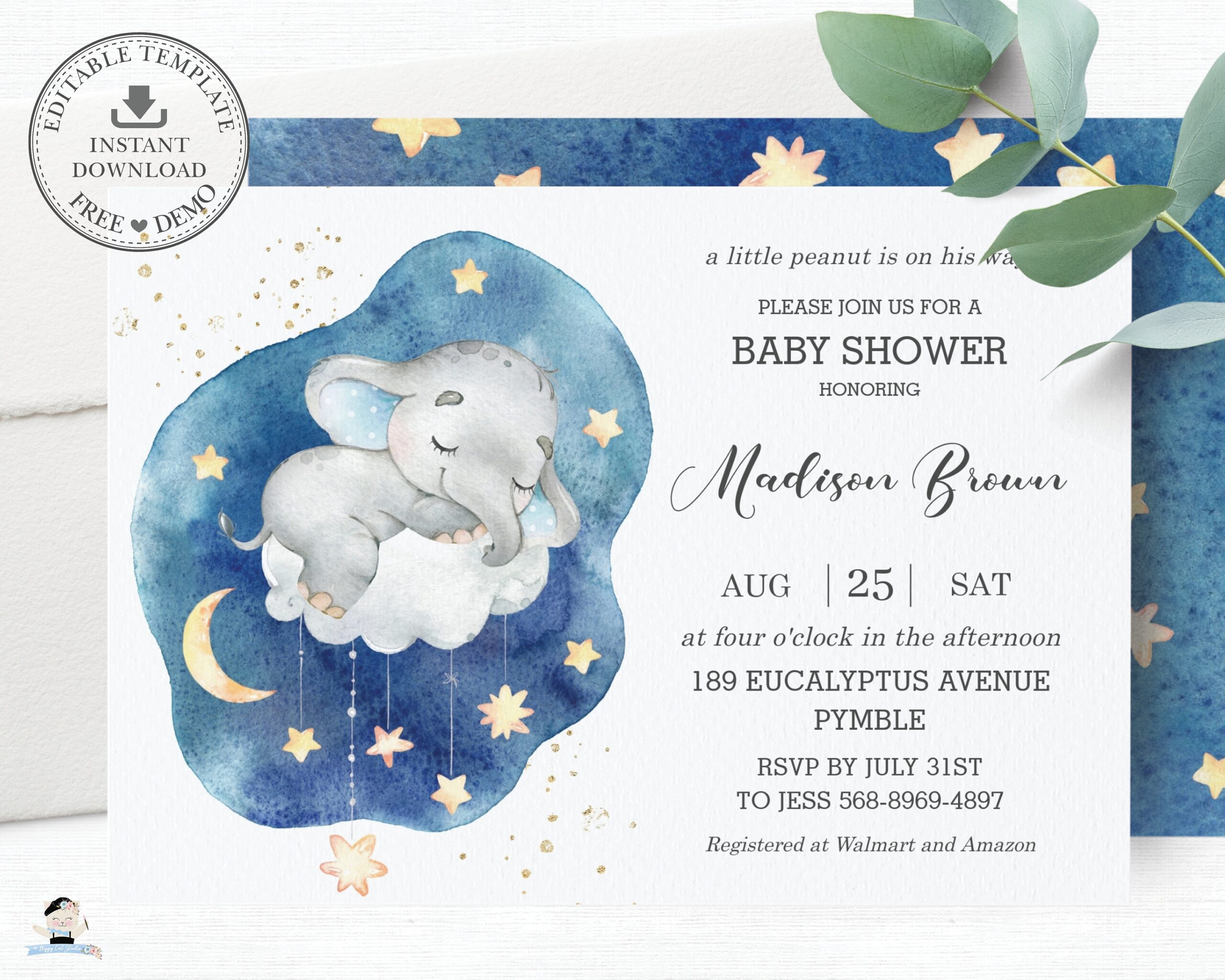 Elephant Baby Shower Invitation EDITABLE TEMPLATE Blue Boy Twinkle Little Stars Moon Invite Sleeping Sleepy Printable INSTANT Download EP12 Etsy