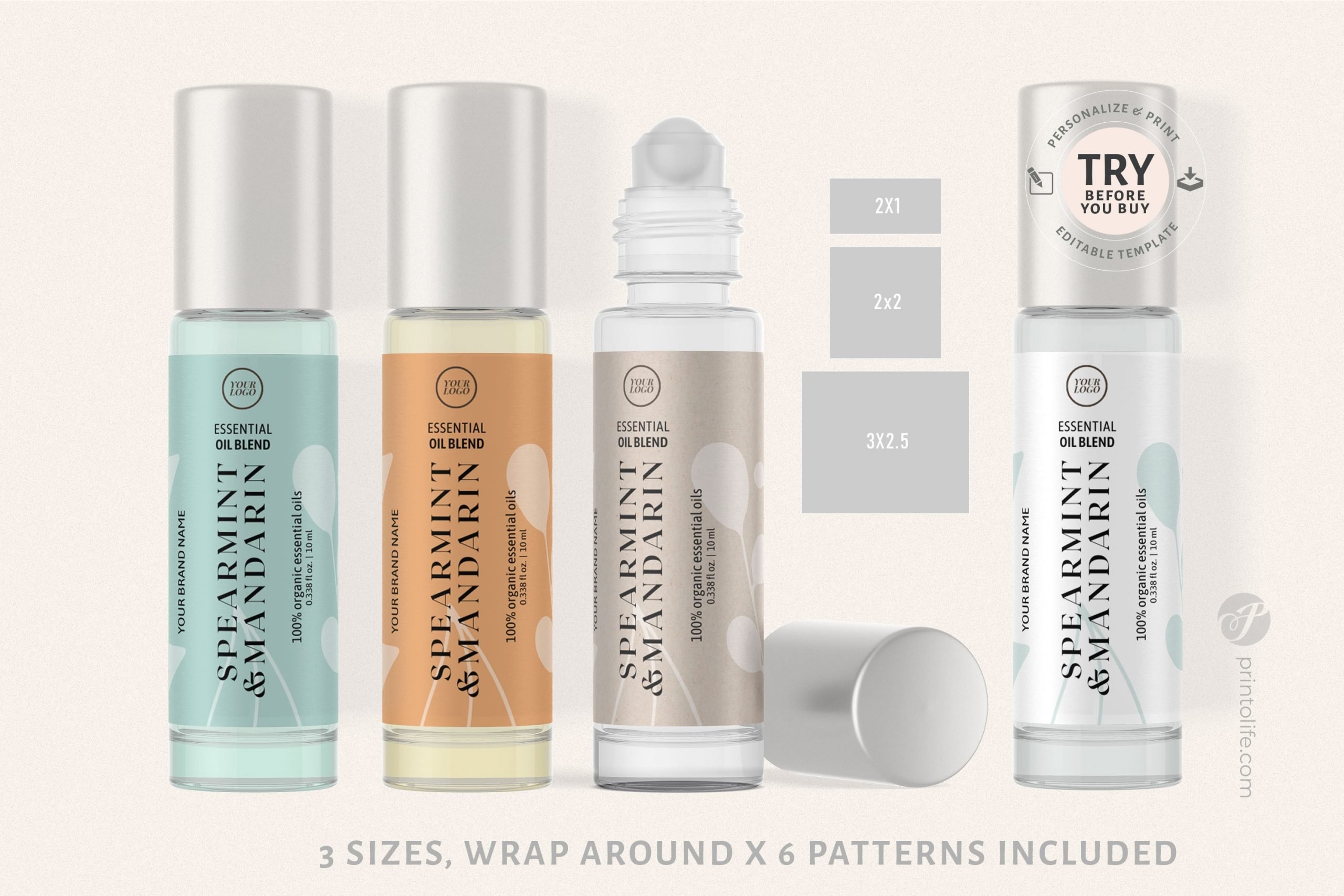 Essential Oil Roller Bottle Labels 5ml 10ml 15ml Botanical Wrap Around Labels 6 Colors Printolife