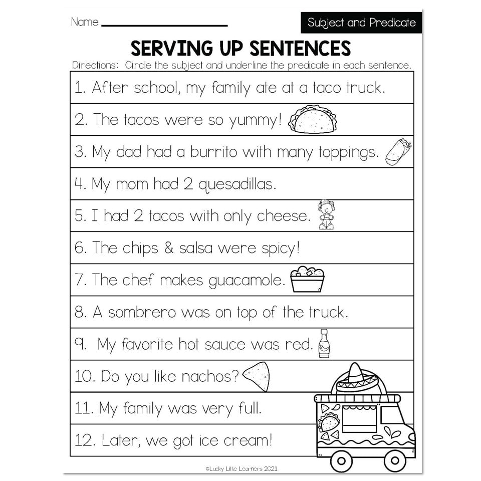 Subject And Predicate Printable Games