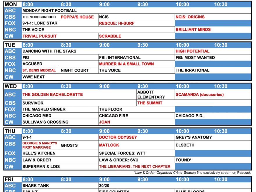 Fall TV Schedule 2024 Network TV Grid CBS NBC ABC Fox CW