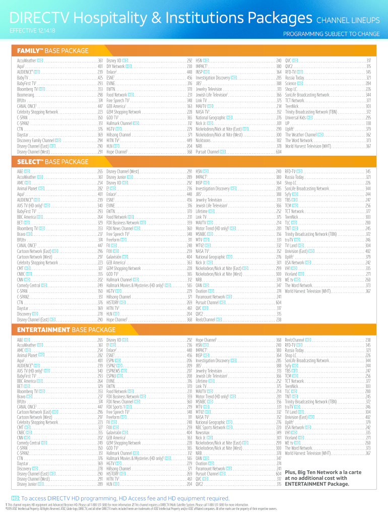 Fillable Online DIRECTV Hospitality amp amp Institutions Packages CHANNEL LINEUPS Fax Email Print PdfFiller