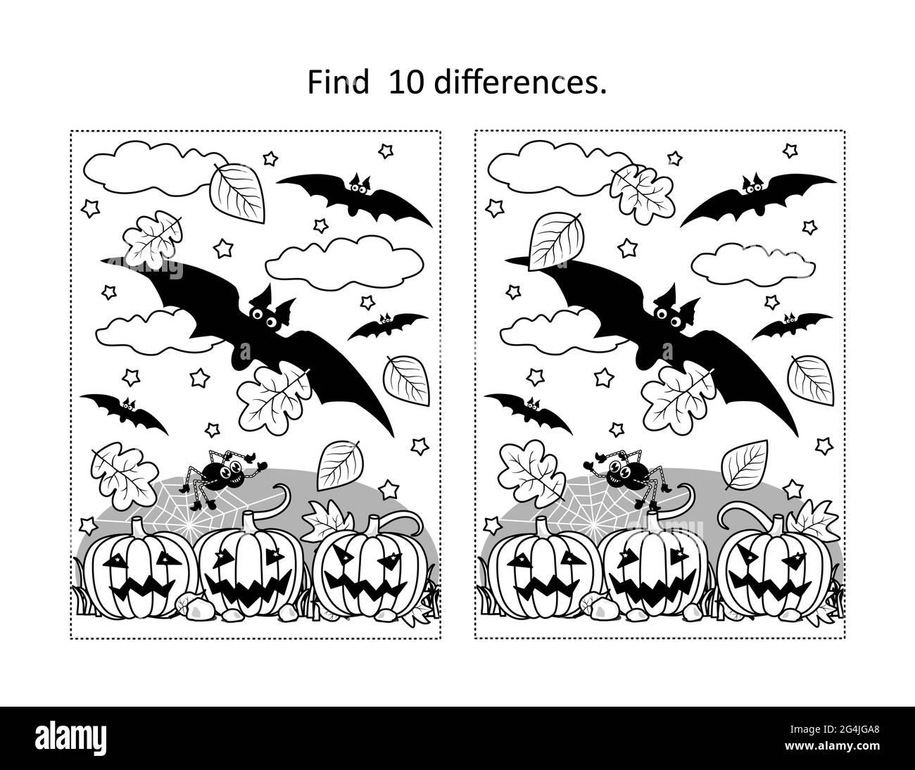 Find 10 Differences Visual Puzzle And Coloring Page With Halloween Bats Fly Above The Pumpkin Field Stock Vector Image Art Alamy