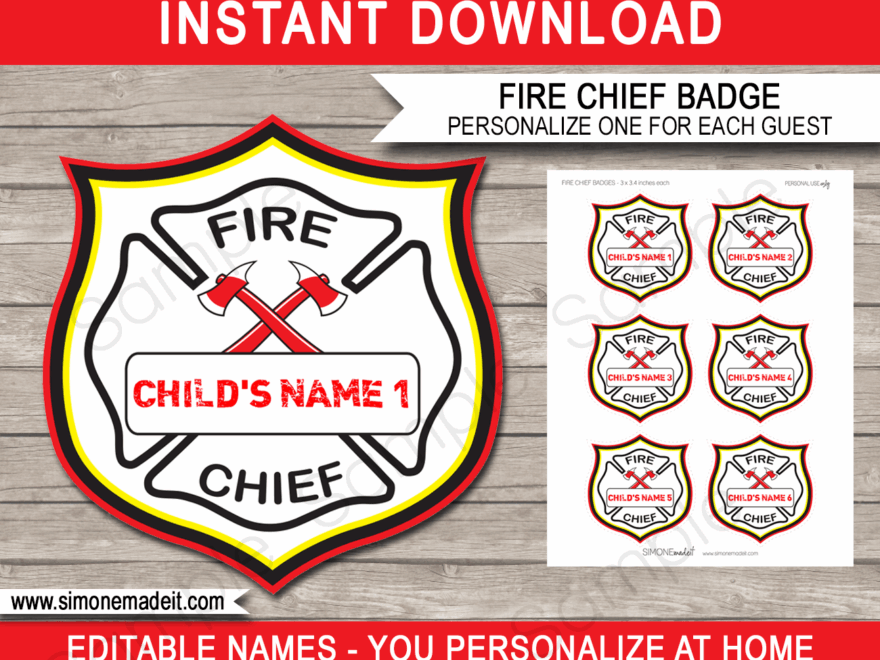 Fire Chief Badges Template Printable Fireman Birthday Party Decorations