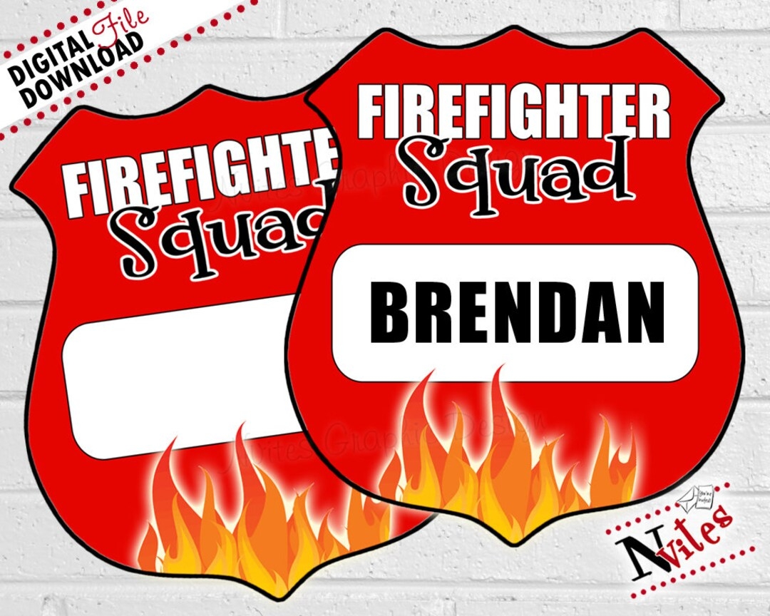 Fireman Badges For Birthday Party Firefighter Badge Printable Kids Birthday Badges Fire Truck Decor In Red With Flames Etsy