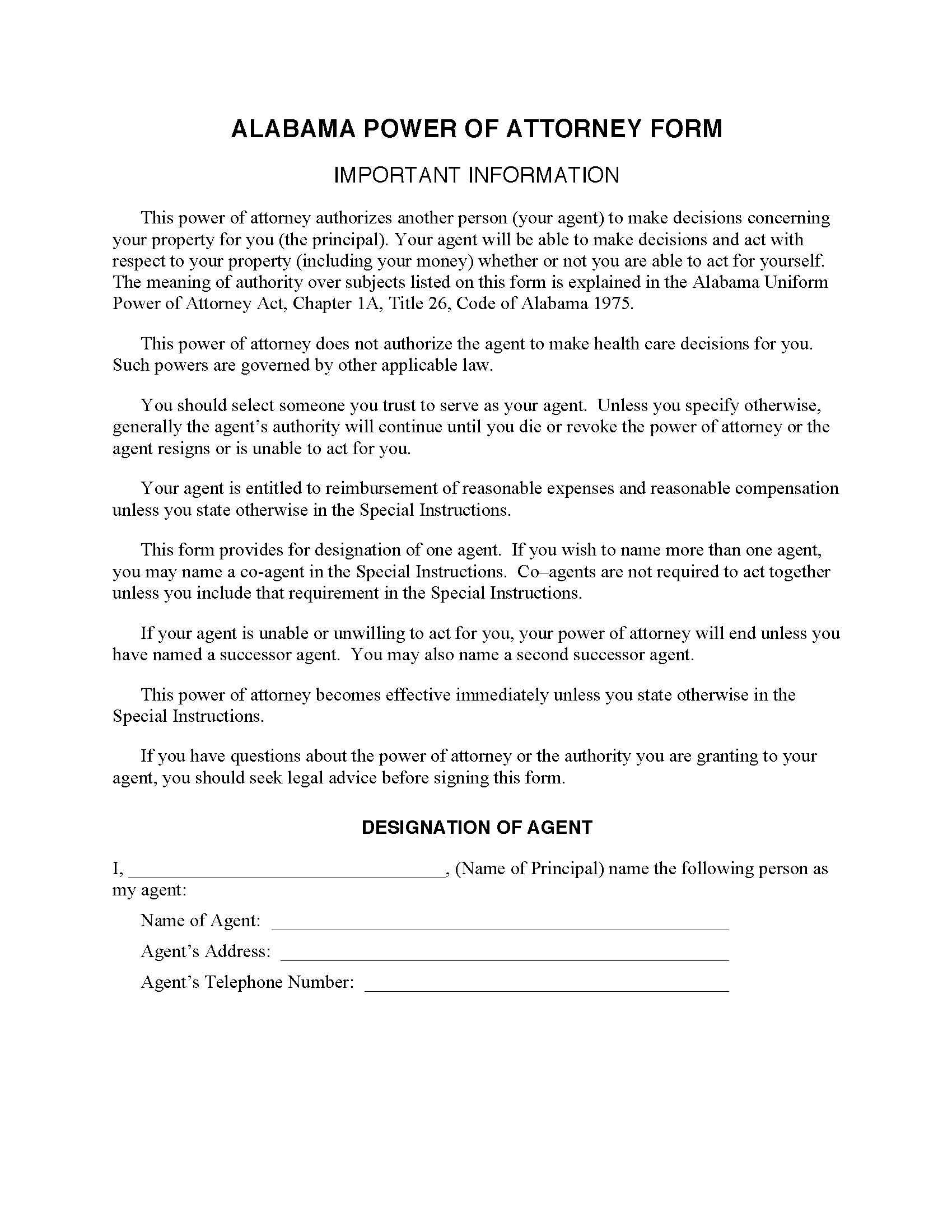Free Alabama Durable Power Of Attorney Form PDF