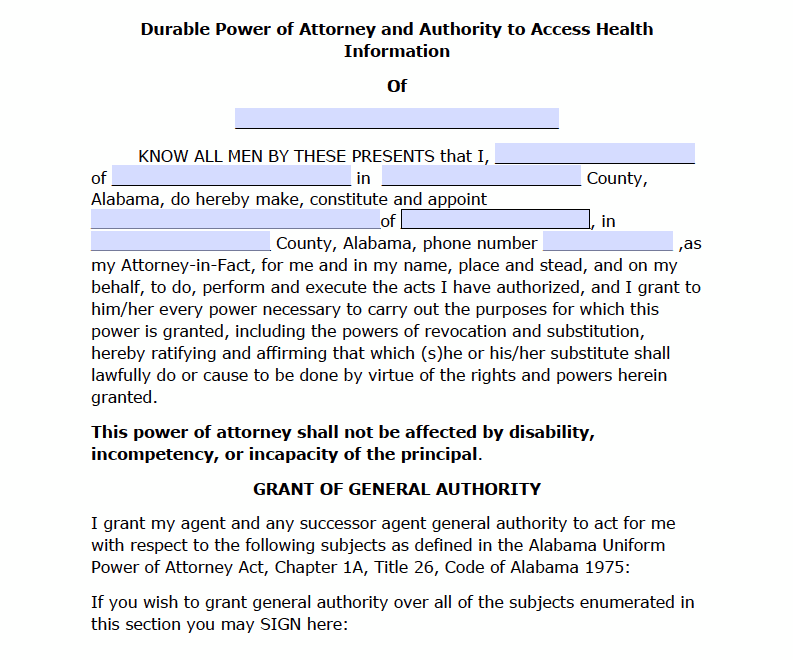 Free Alabama Power Of Attorney Forms PDF