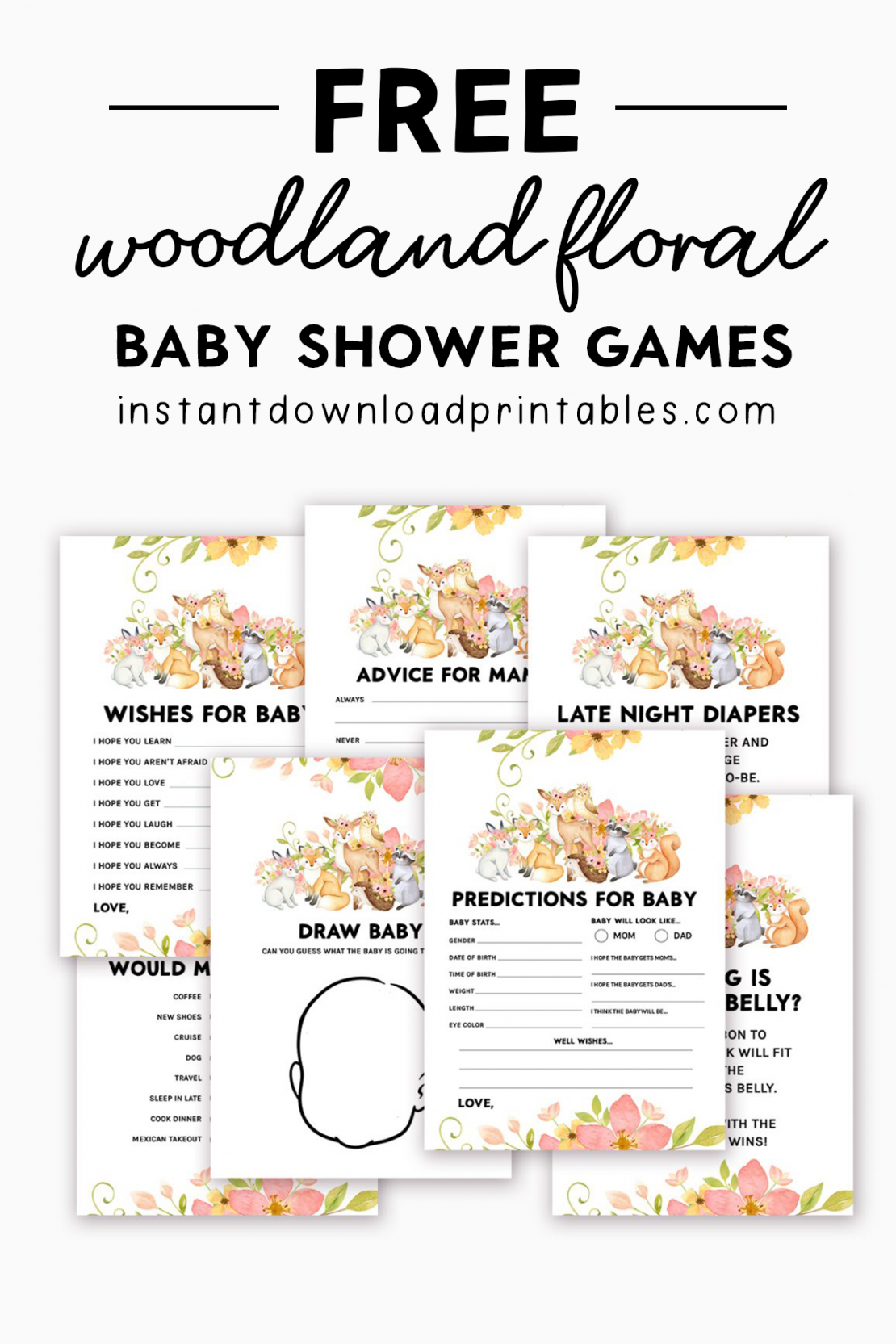 Free Baby Shower Games And Keepsakes Printables Woodland Flowers Watercolor Flowers Boy Instant Download Printables