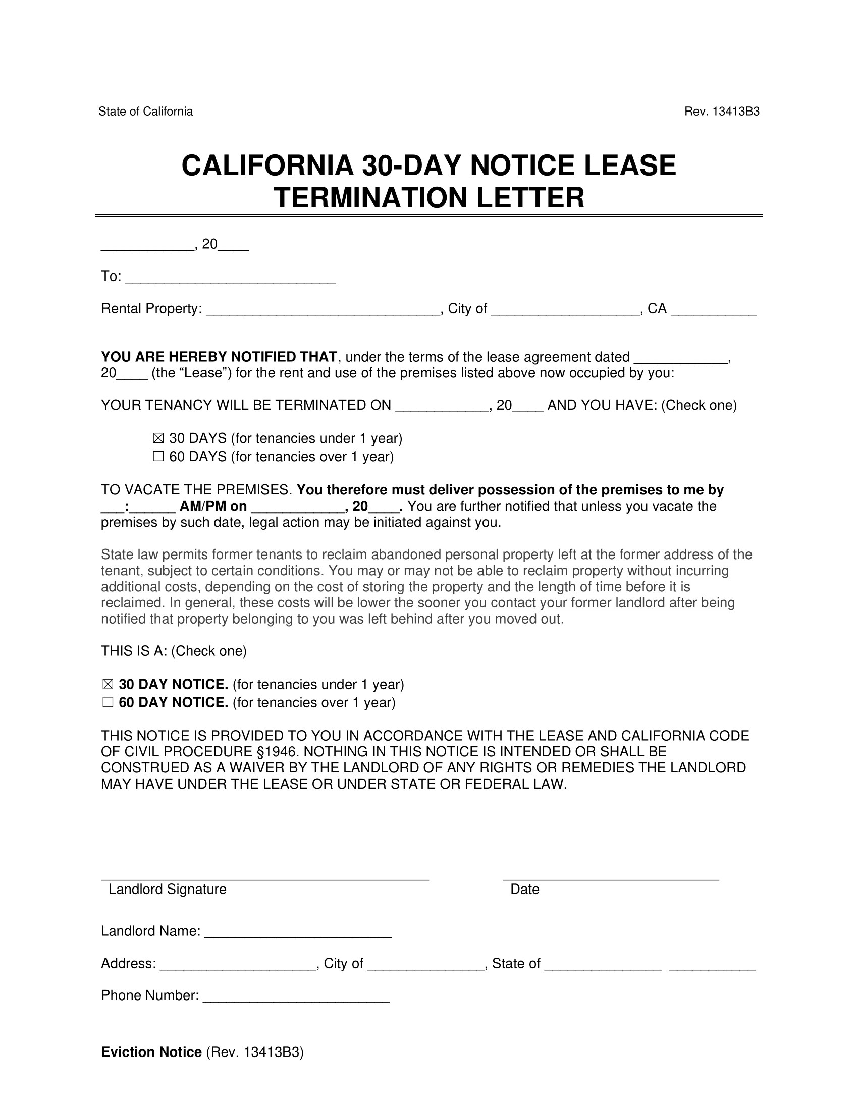 Free California 30 Day Notice To Vacate Lease Termination Letter PDF Word