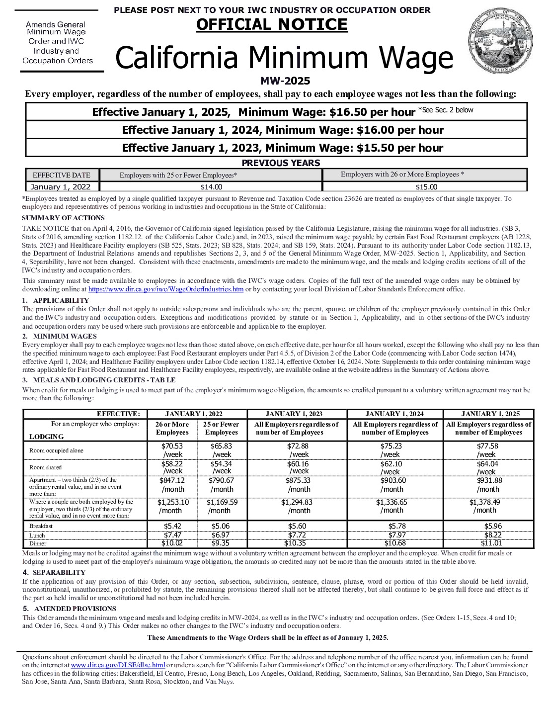 Free California California Minimum Wage Labor Law Poster 2025
