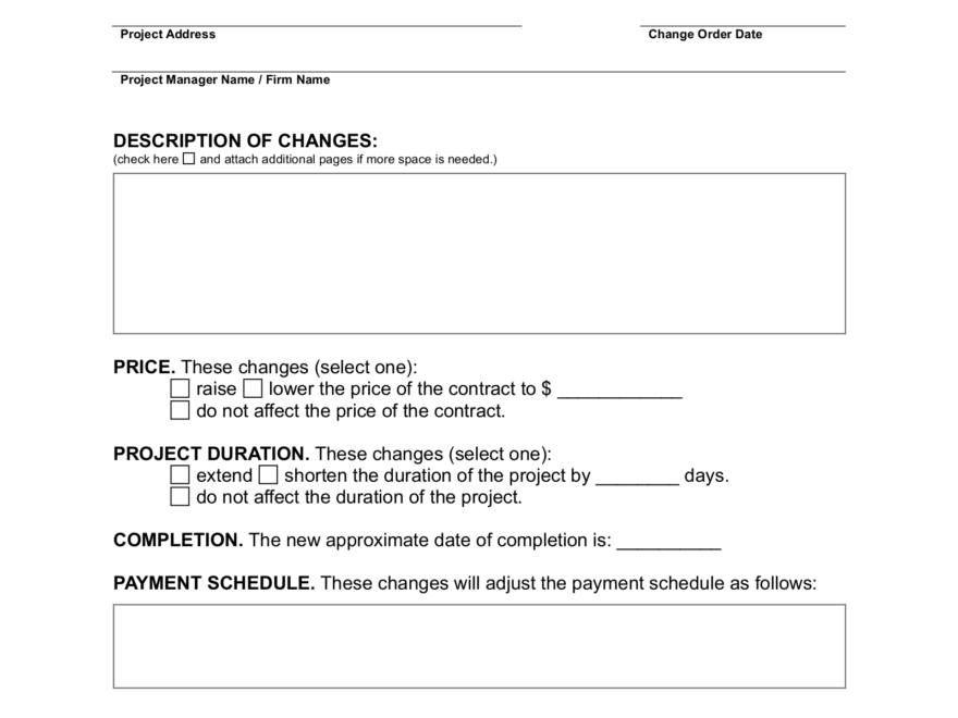 Free Change Order Form Construction PDF Word EForms