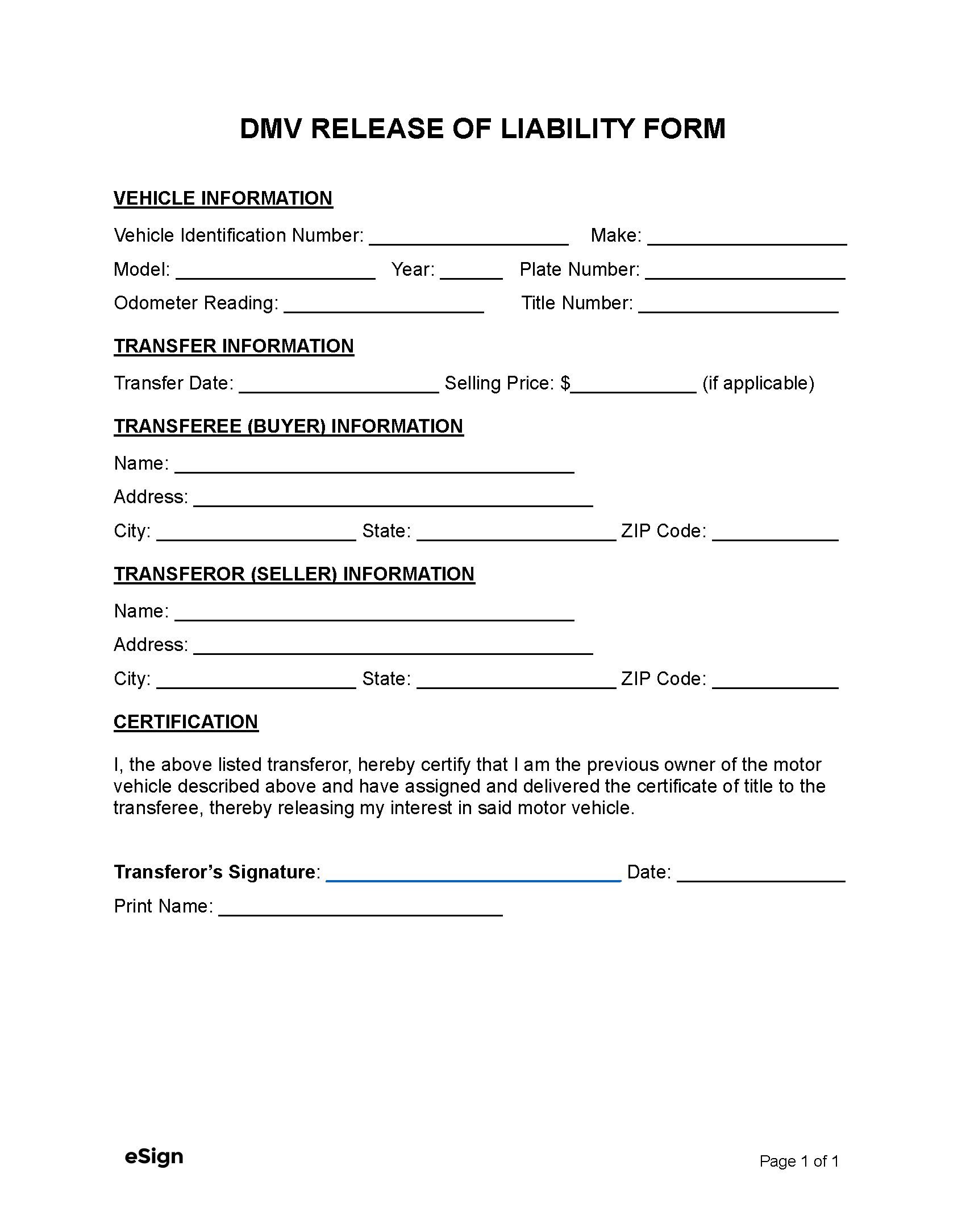 Printable Release Of Liability Form Car Sale Missouri