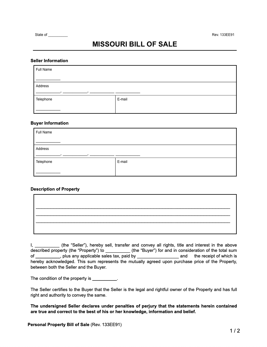 Free Missouri Bill Of Sale Forms Printable PDF Word