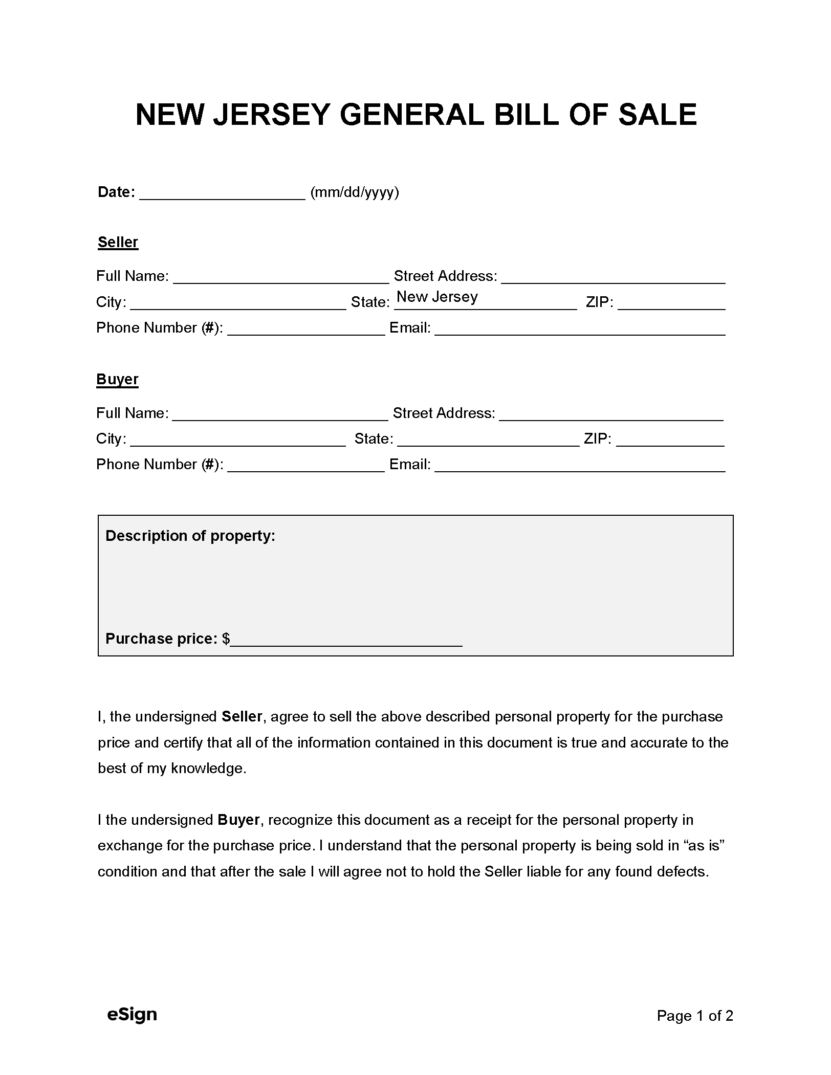 Printable Bill Of Sale Nj