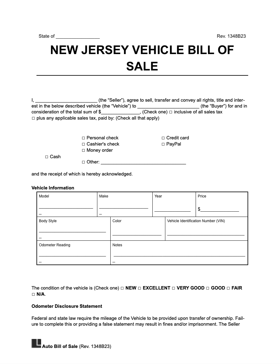Free New Jersey Motor Vehicle Bill Of Sale Form PDF Word