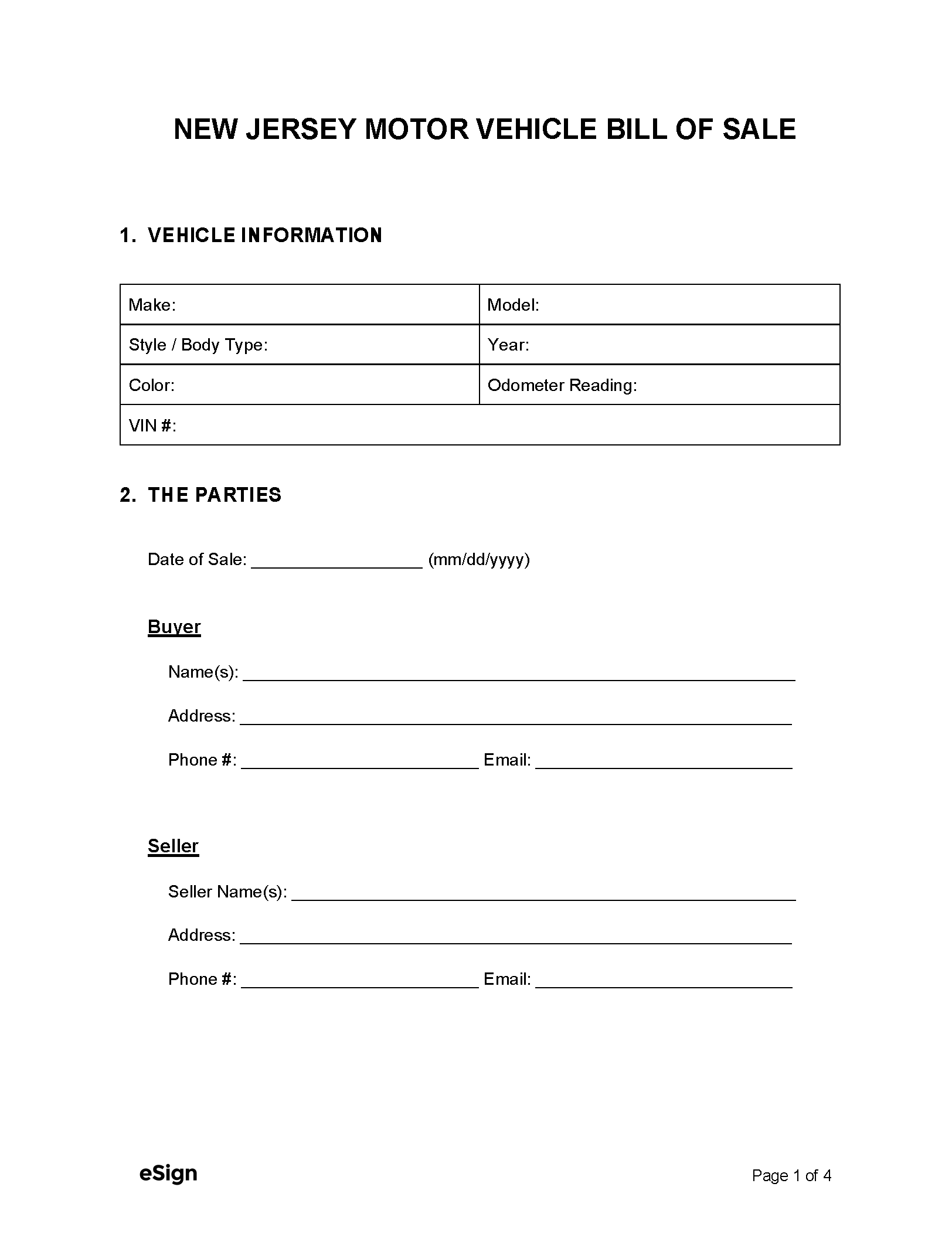 Free New Jersey Motor Vehicle Bill Of Sale Form PDF Word