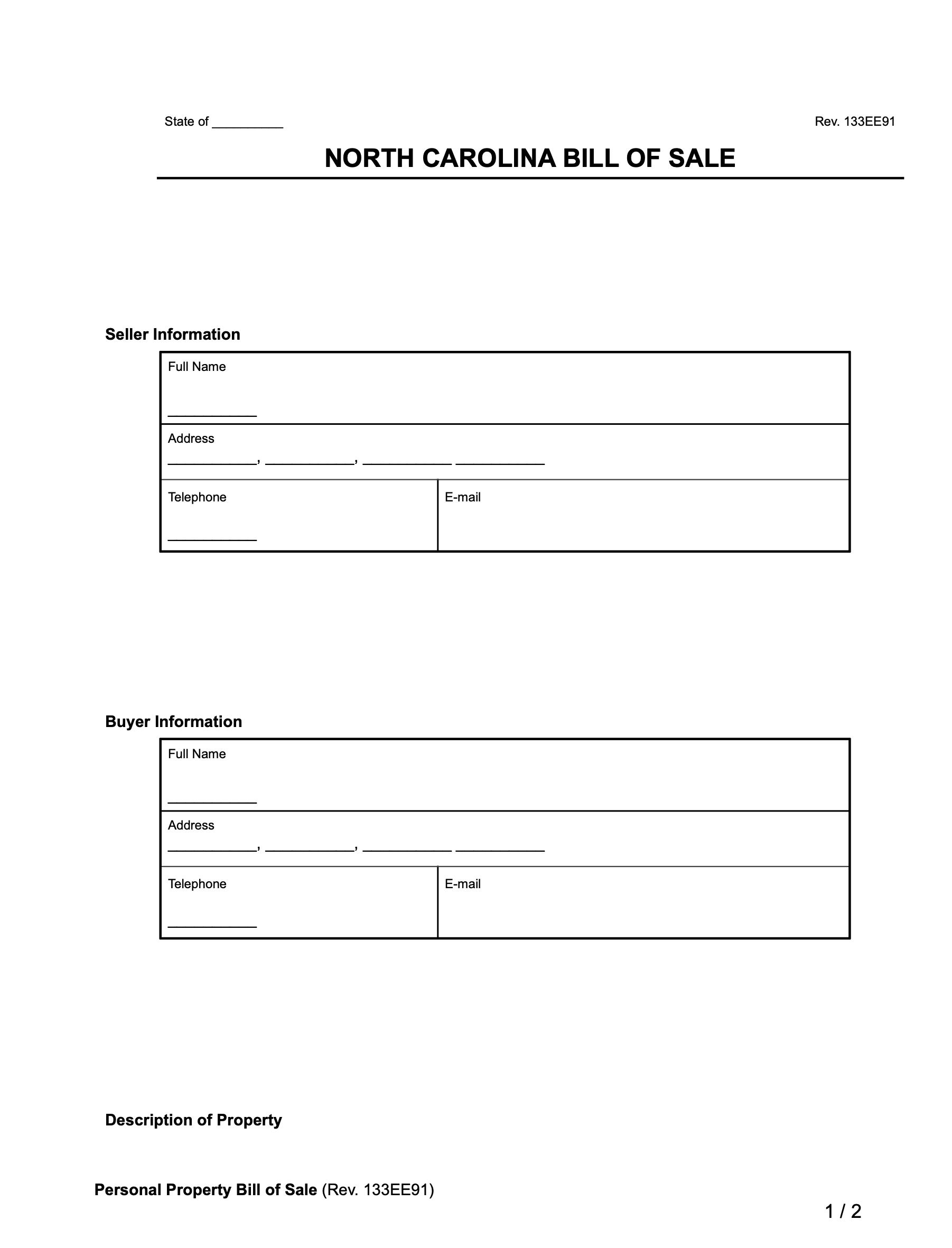 Printable Vehicle Bill Of Sale Nc