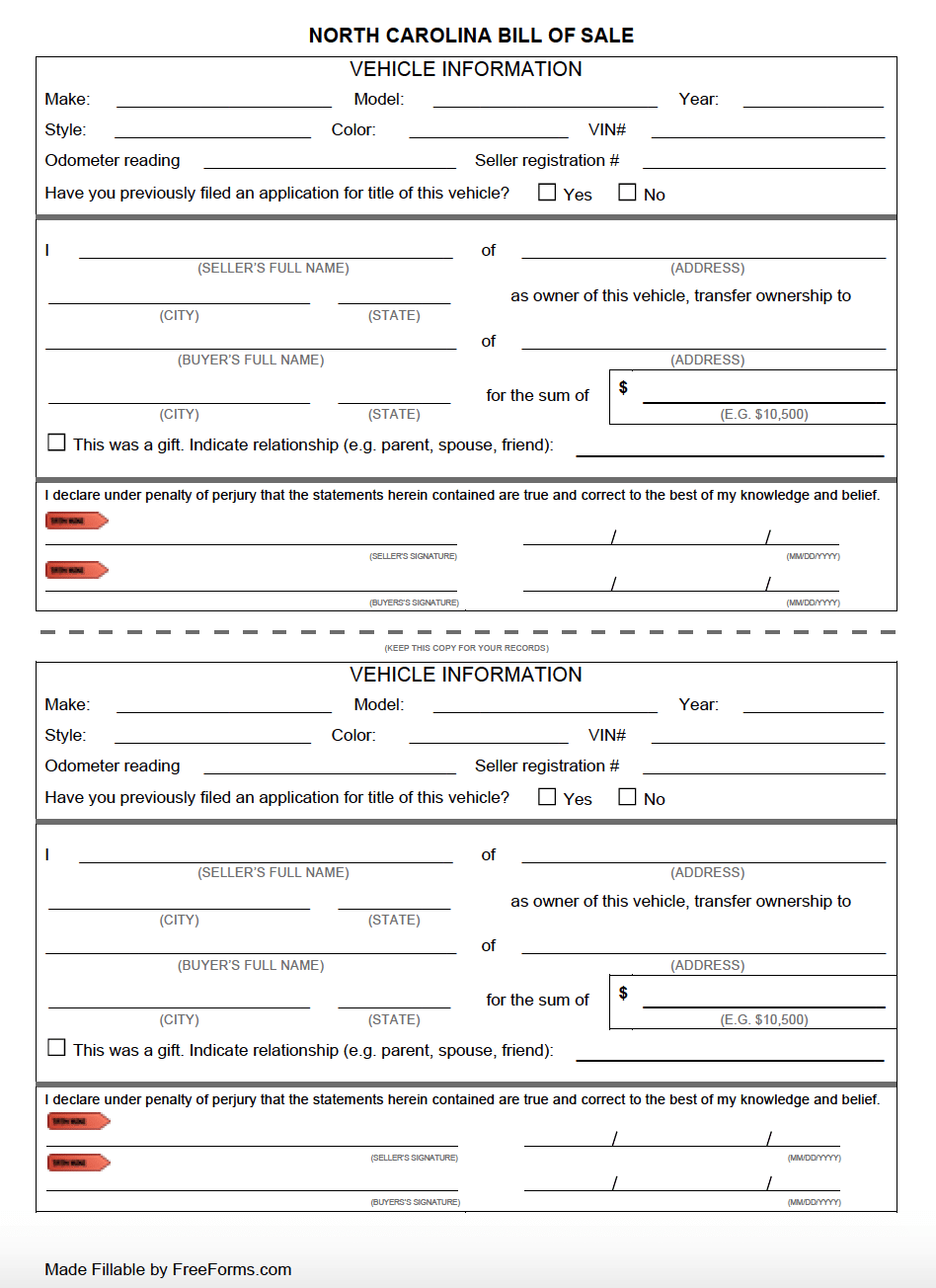 Free North Carolina Bill Of Sale Forms PDF
