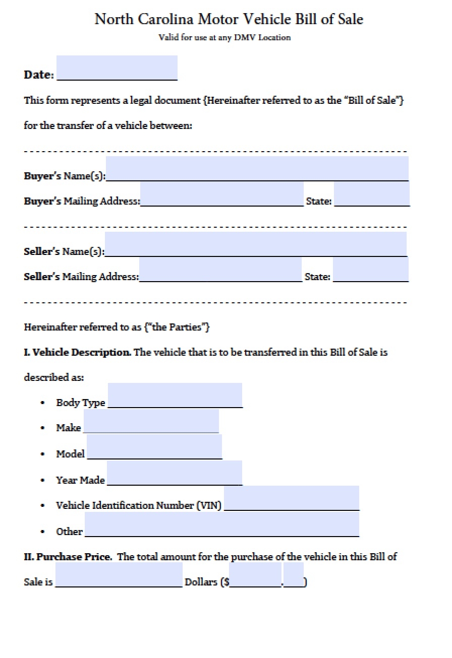 Free North Carolina DMV Vehicle Bill Of Sale Form PDF Word doc 