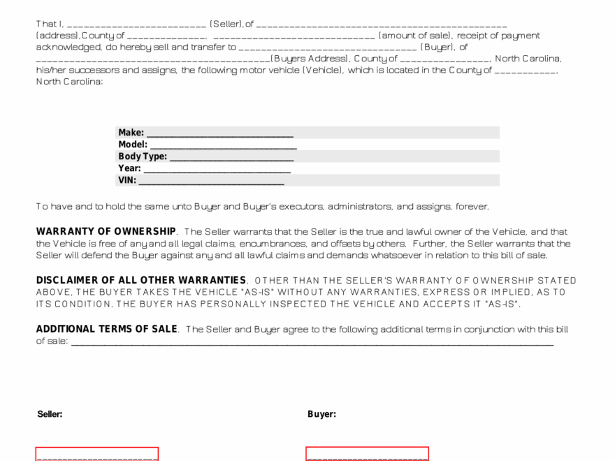 Free North Carolina Motor Vehicle Bill Of Sale Form PDF EForms