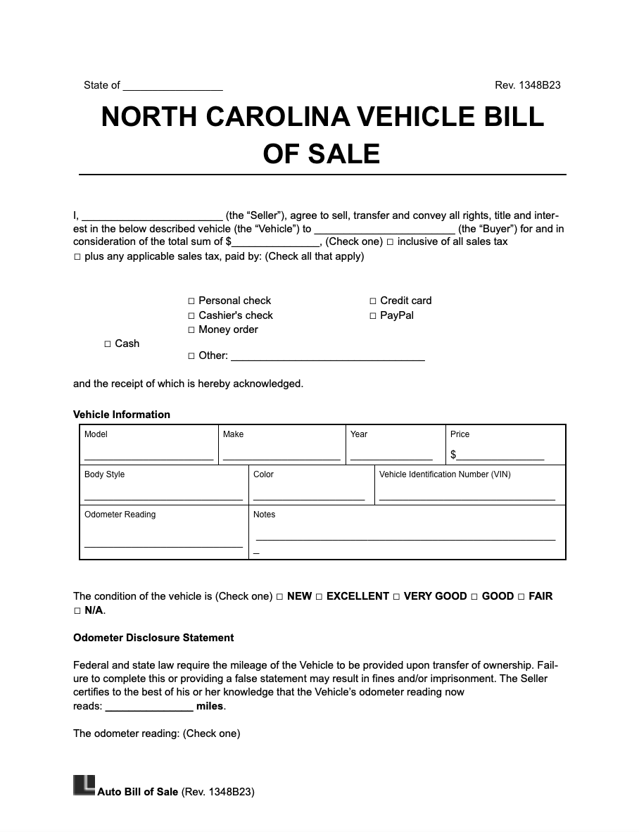 Free North Carolina Motor Vehicle Bill Of Sale Form PDF Word