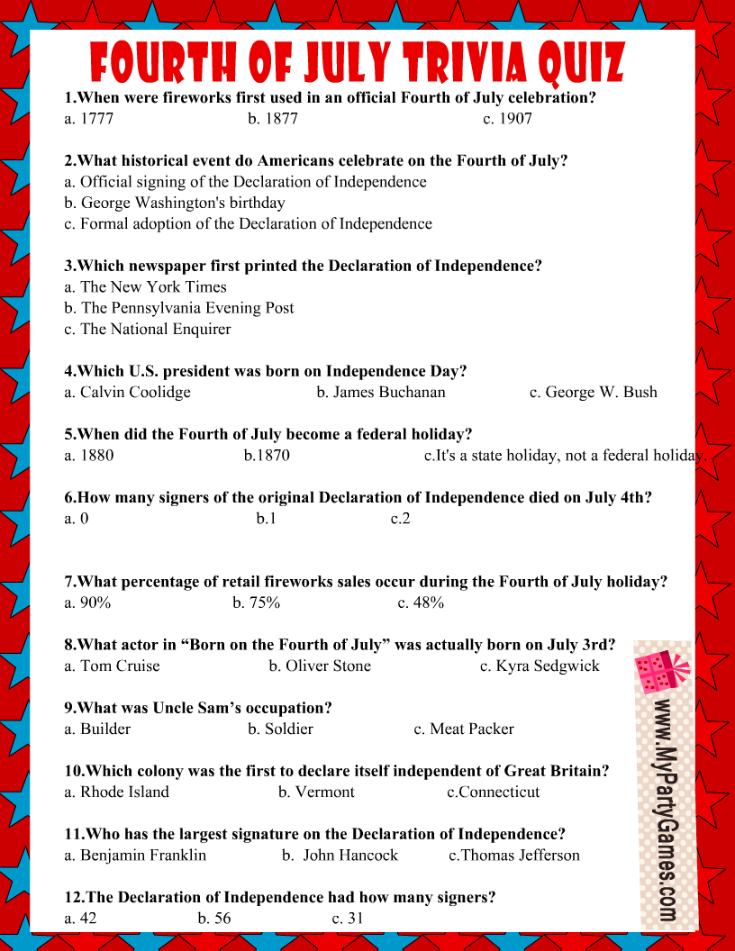 Free Printable 4th Of July USA Independence Day Trivia Quiz