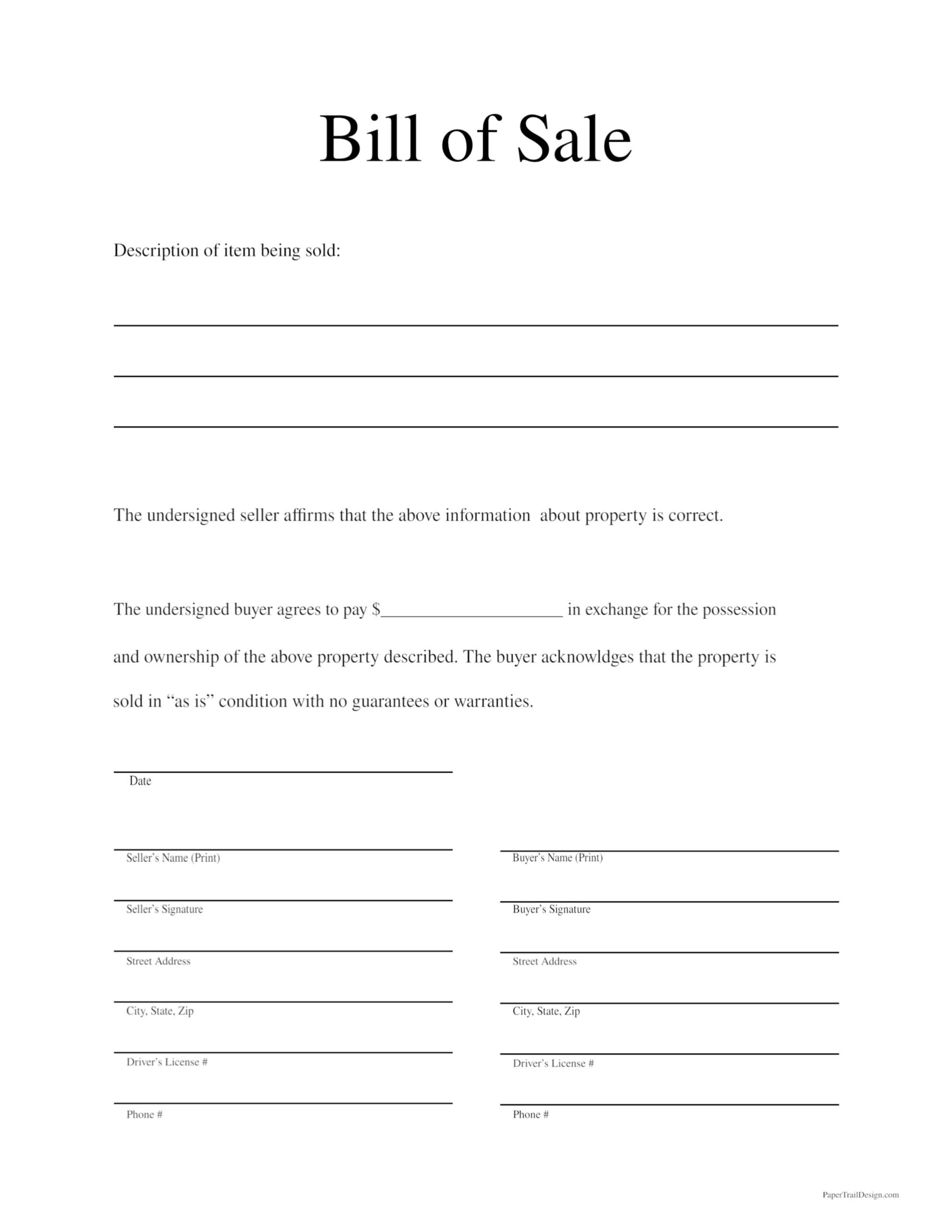 Simple Printable Bill Of Sale