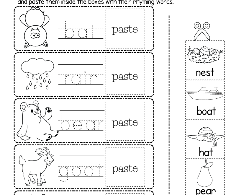 Free Printable Cut and Paste Rhyming Words Worksheet