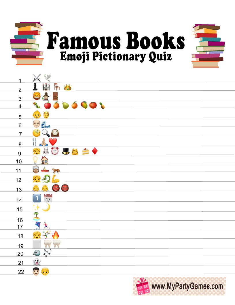 Free Printable Famous Books Emoji Pictionary Quiz