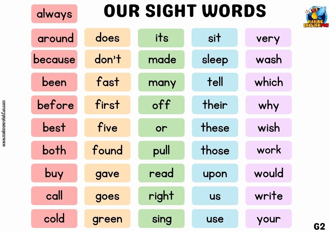 Printable Second Grade Sight Words