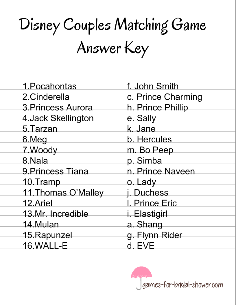 Free Printable Match The Disney Couple Game
