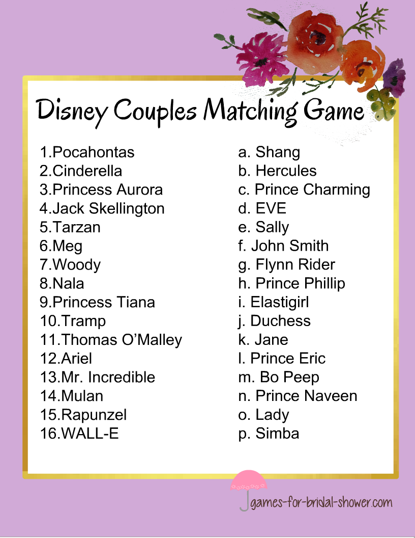 Free Printable Match The Disney Couple Game