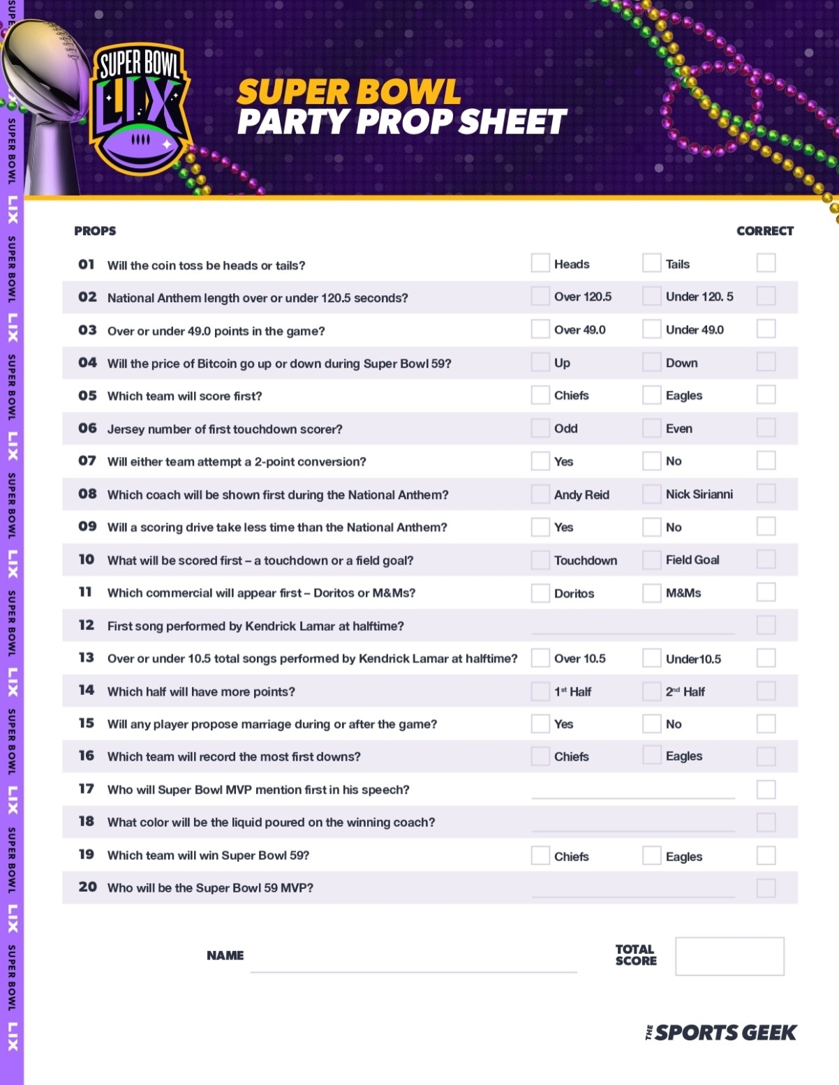 Super Bowl Prop Bets Printable