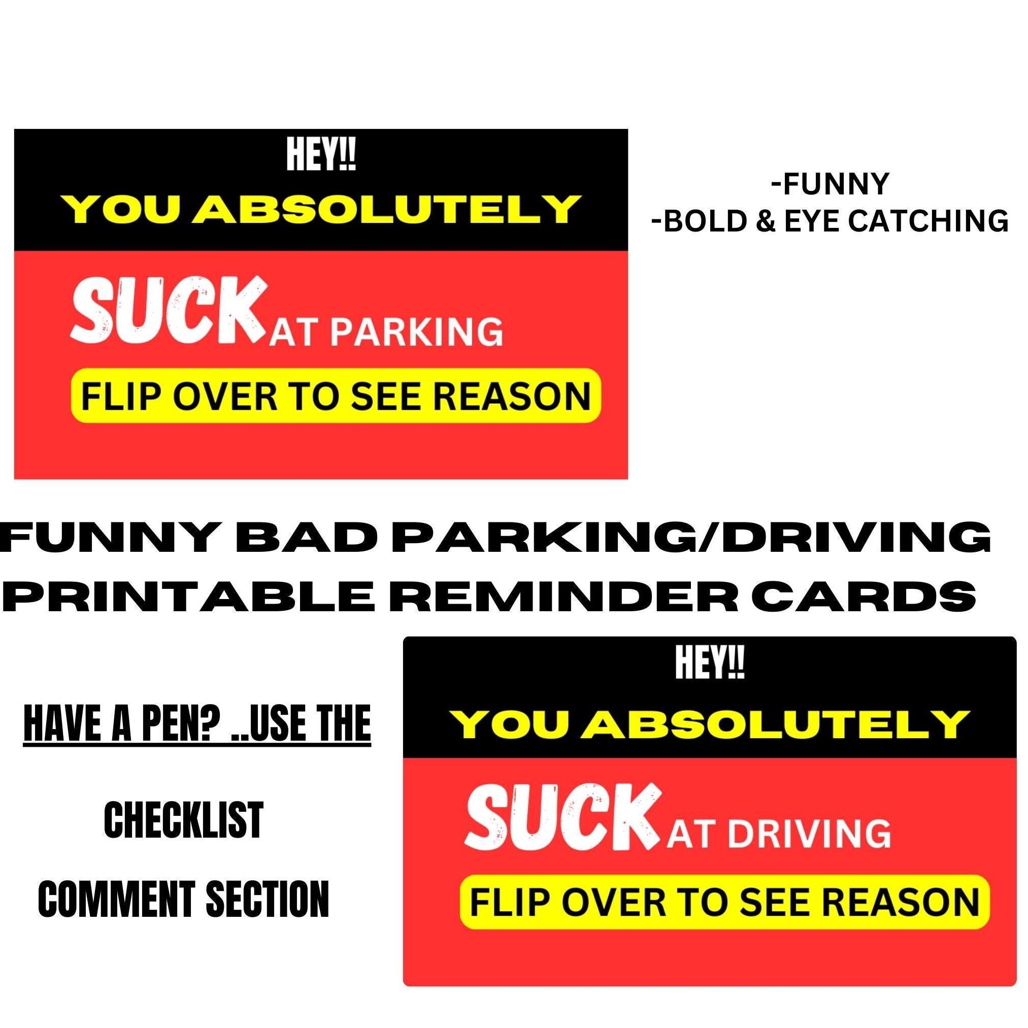 Funny Bad Parking driving Window reminder Cards Digital Prints gifts car Guy bikers boyfriend humor Etsy