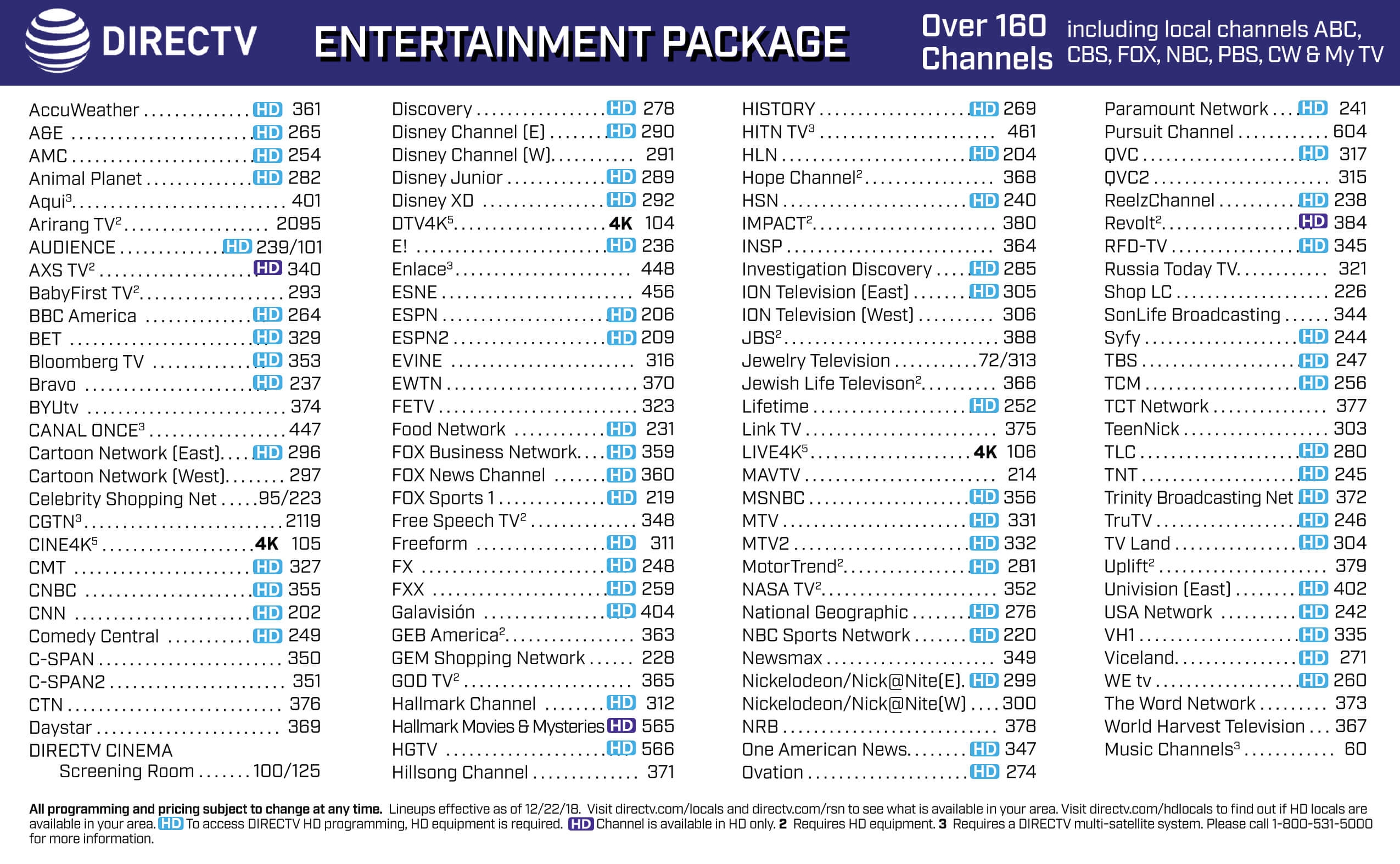 Directv Entertainment Package Channel Lineup Printable