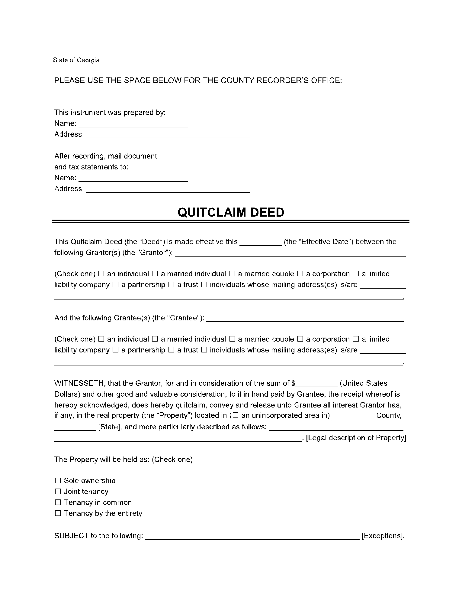 Georgia Quit Claim Deed Form Free Sample CocoSign