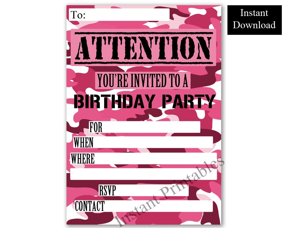Girls Birthday Invite Pink Camo Printable Birthday Blank Party Invite Camo Army Printable Instant Download Teen Birthday Invite Etsy