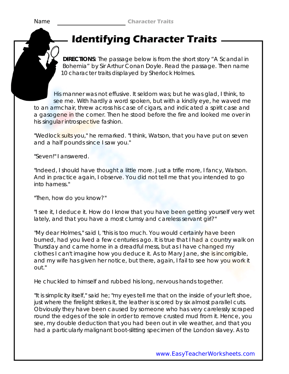 Reading And Identifying Character Traits Printables
