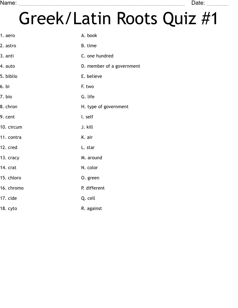 Greek Latin Roots Quiz 1 Worksheet WordMint