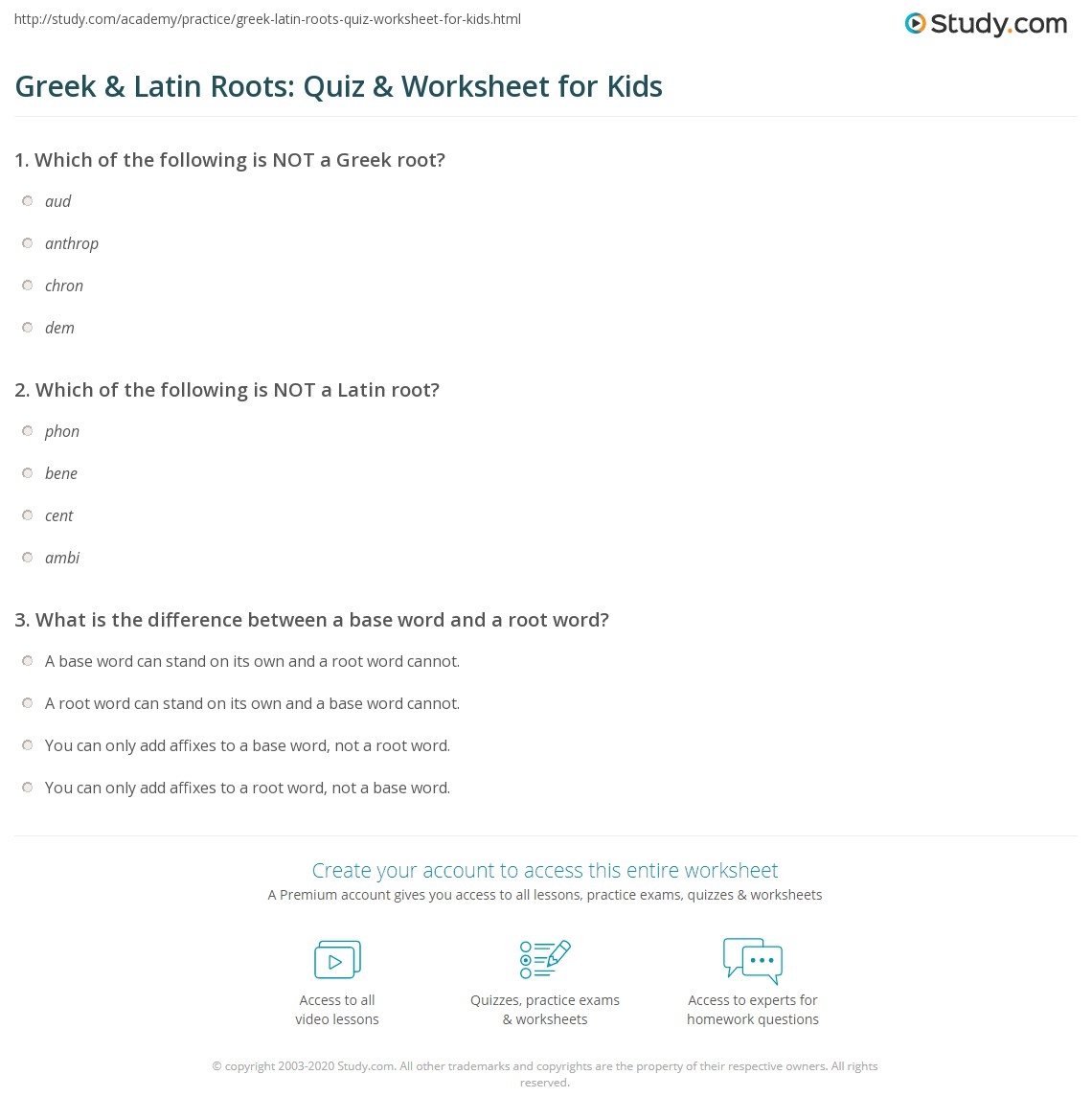 Greek And Latin Roots Quiz Printable