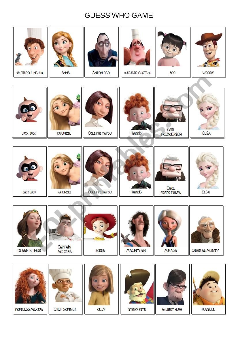 GUESS WHO GAME DISNEY PIXAR ESL Worksheet By Laetimag