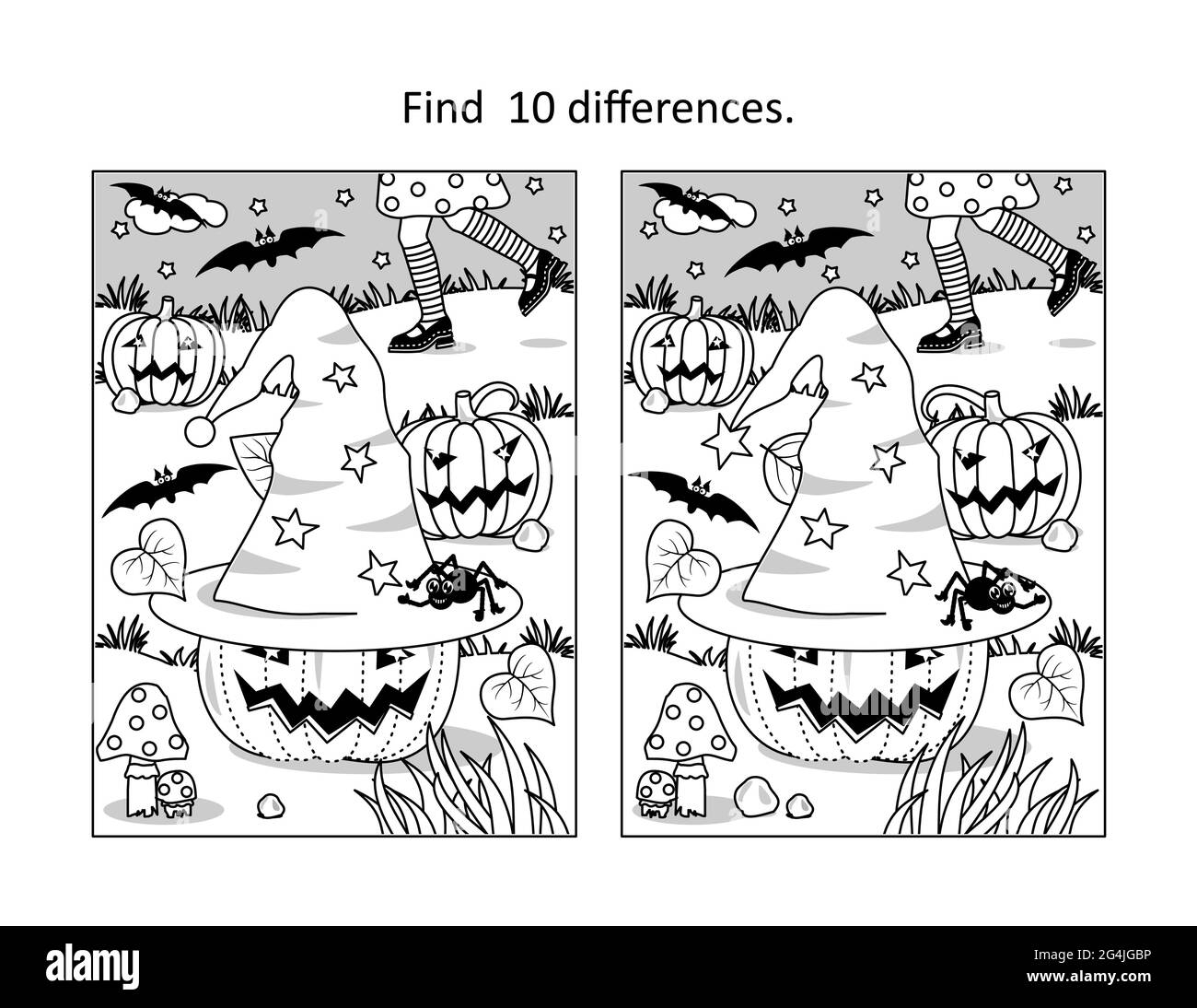 Halloween Find 10 Differences Visual Puzzle And Coloring Page With Little Witch Chasing Her Hat Pumpkins Bats Spider Stock Vector Image Art Alamy