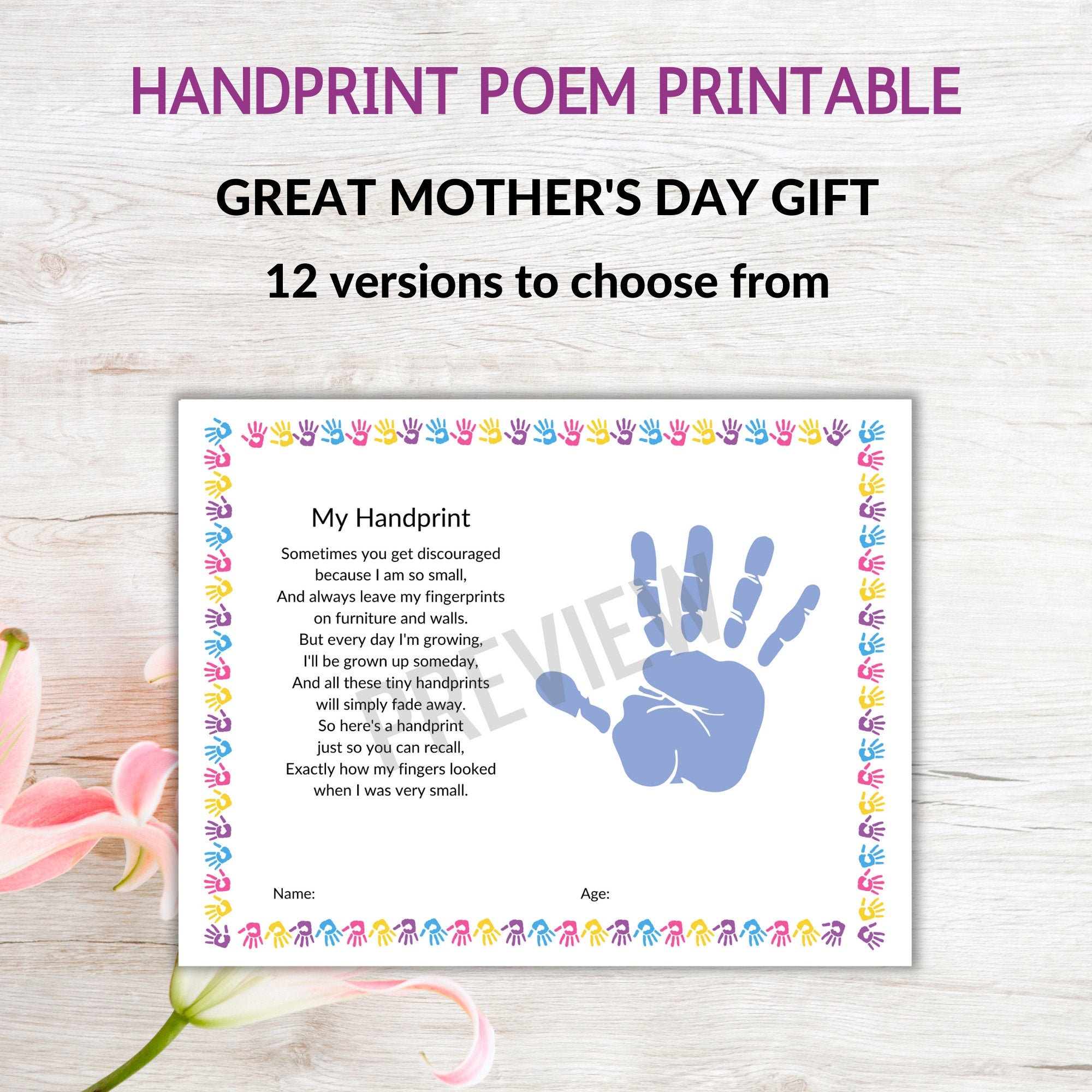 Handprint Poem Printable Mother s Day Gift Preschool Graduation Etsy